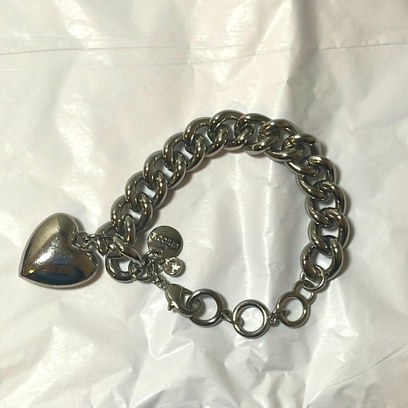 Chico's Heavy Silver Tone Chain Link Bracelet with Large Dangling Puffed Heart - Picture 2 of 6